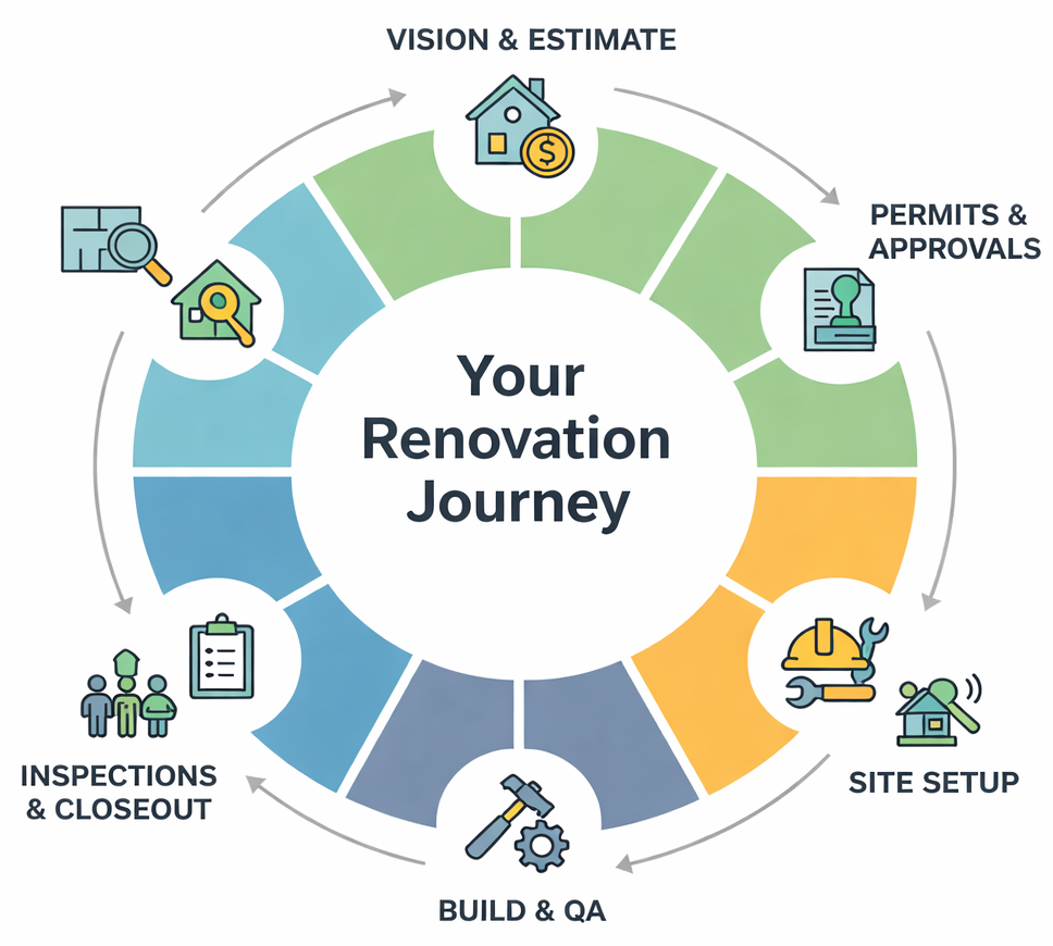 Your Renovation Journey Diagram showing the stages: Permits & Approvals, Site Setup, Build & QA, and Inspections & Closeout